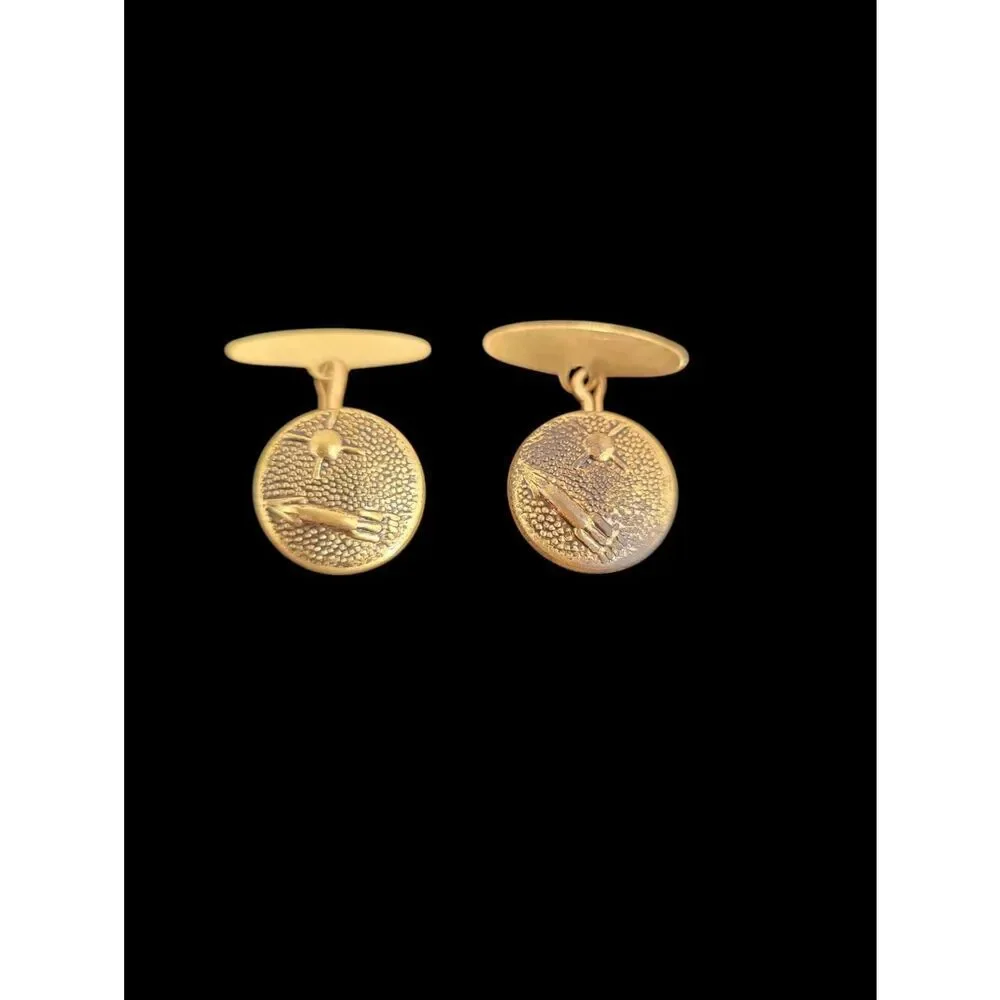 Vintage Space Age Rocket Ship Gold-Tone Round Cufflinks 60s